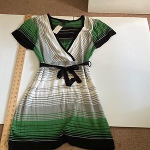 Green, gray, black and white stripe knit dress